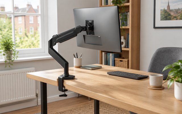 Monitor arm, clamped to the edge of a wooden desk in a British home office, holding a monitor