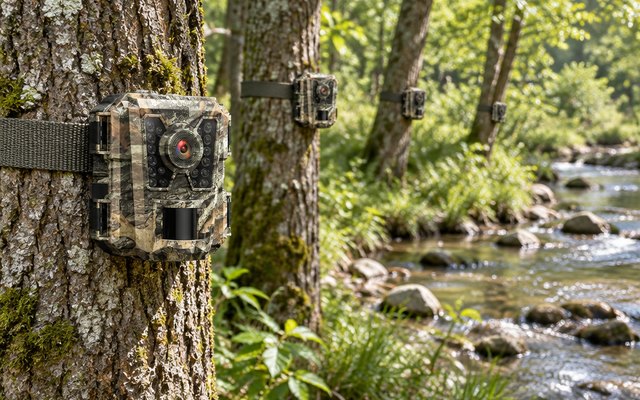 WOSODA W300 mini trail cameras, strapped to trees along a creek, one close in the foreground and the others further back