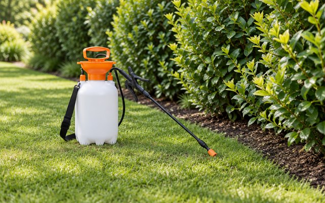 PetraTools HD101 sprayer, resting on the lawn beside a row of shrubs