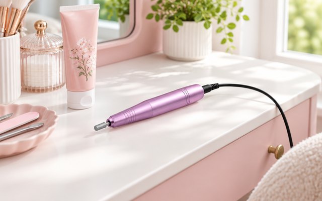 USB electric nail drill, on a pink and white dressing table, its cable plugged in, beside a tube of hand cream