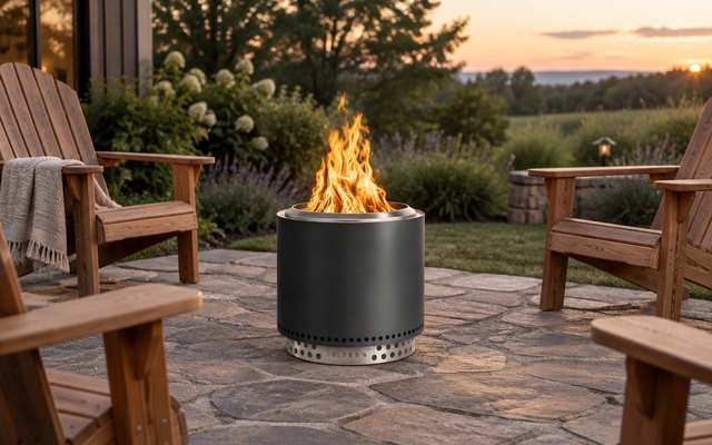 Solo Stove Bonfire 2.0 fire pit, on a flagstone patio in a backyard in early evening light, a clean fire burning inside, wooden Adirondack chairs around it