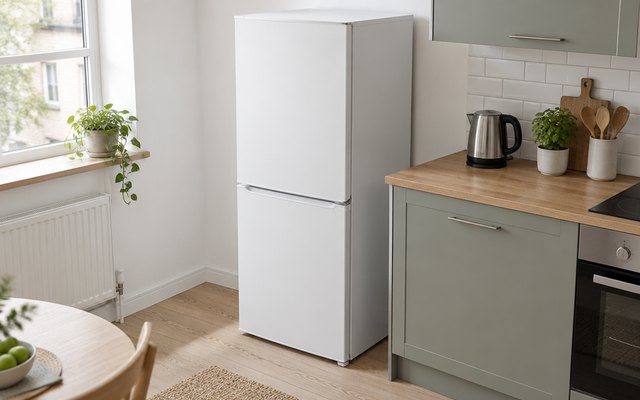 Fridgemaster 50cm white fridge freezer in a compact kitchen beside a small worktop