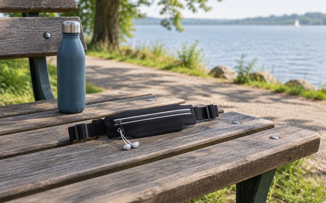 U-LANARO slim running belt, laid on a park bench beside a water bottle along a lakeside path