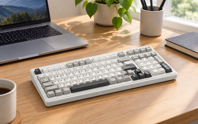 AULA F99 Wireless Mechanical Keyboard, on a desk with a laptop beside it in a home office