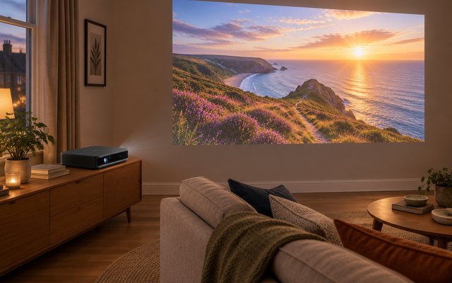 Dangbei Atom projector, on a low sideboard in a British living room, a large bright picture projected on the wall above the sofa