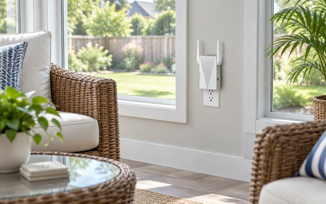 TP-Link RE615X Wi-Fi extender, plugged into an outlet in a sunroom with wicker chairs and a view of the backyard
