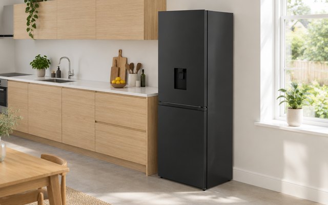 Hisense RB390 black fridge freezer at the end of a run of light wood kitchen units