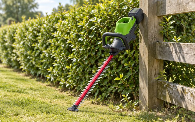 Greenworks 80V hedge trimmer, leaning against a wooden fence post beside a long hedge on a sunny afternoon