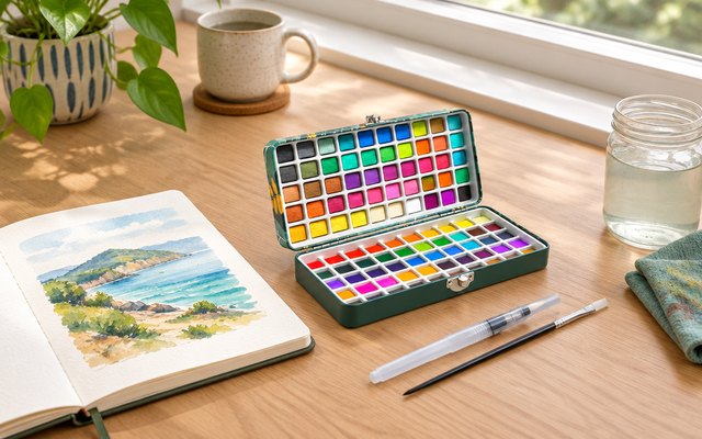 Artecho watercolour set, open on a desk beside a journal with a small painting