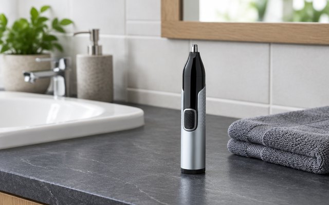 Philips Norelco Nose Trimmer 5000, standing on a dark slate bathroom counter beside a folded hand towel