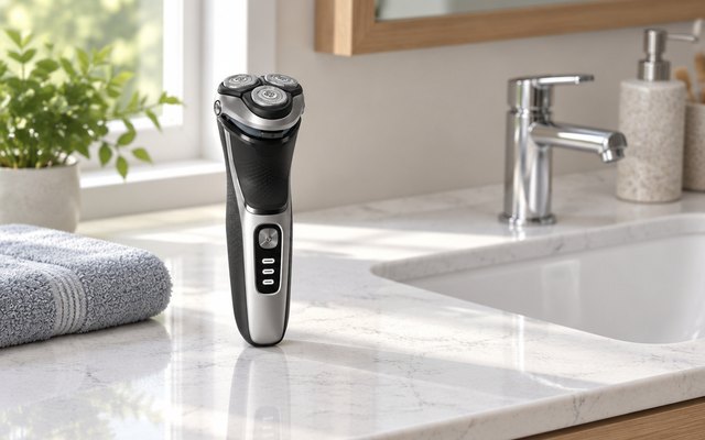 Philips Norelco Shaver 3900, standing on a white quartz bathroom vanity beside the sink, a folded hand towel nearby, morning light