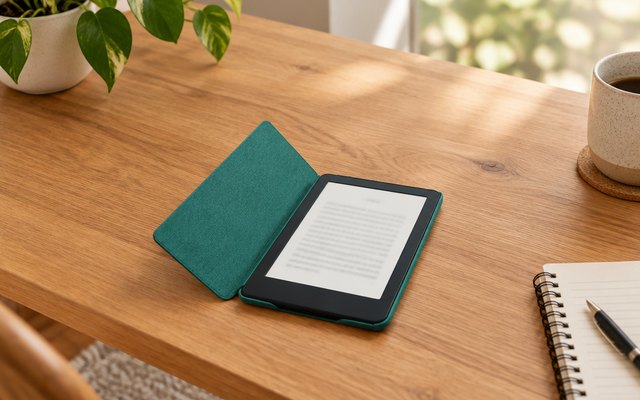 Amazon fabric cover in jade on a wooden desk