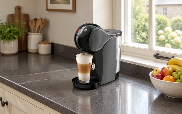 Grey pod coffee machine making a latte, on a kitchen worktop by a window