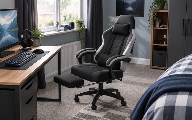 GTPLAYER gaming chair, at a desk with a monitor in a British teenager's bedroom