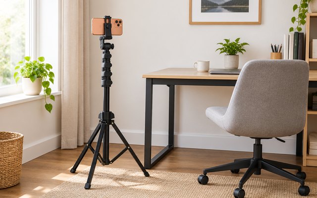 Liphisy 64 in tripod, in a home office corner aimed at a desk and chair