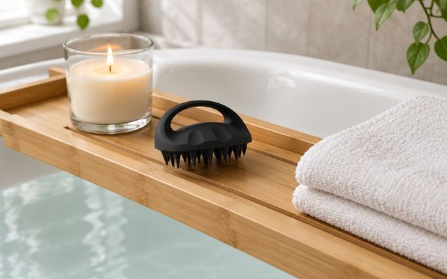 Large black silicone shampoo brush on a wooden bath tray across a bathtub