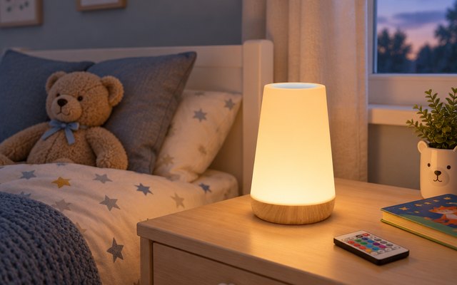Auxmir Rechargeable Touch Night Light with Remote, night light glowing softly on a bedside table in a cozy child bedroom at dusk, a small bed with a teddy bear