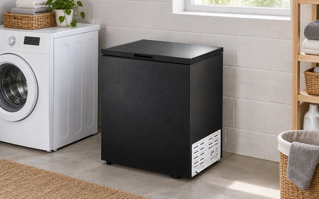 Kismile black chest freezer, in a tidy basement laundry room beside a washing machine