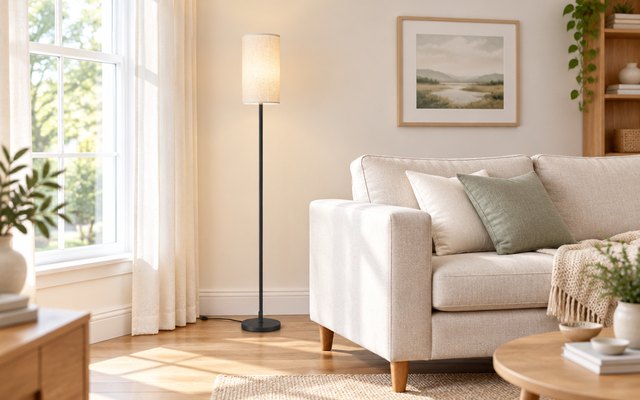 GOEBLESON floor lamp, beside the end of a sofa in a bright living room