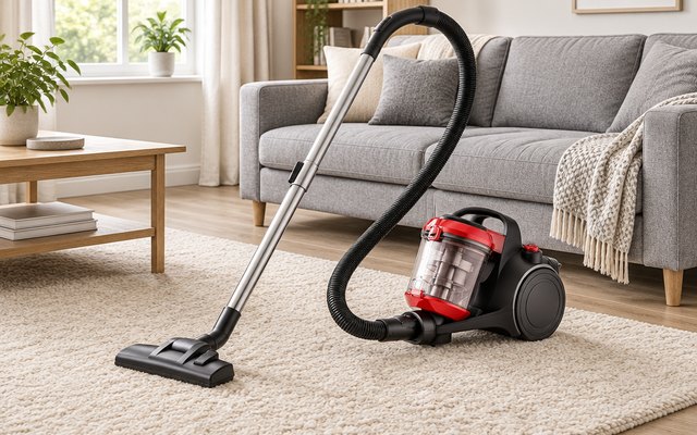Akitas C10T cylinder vacuum cleaner, on a living-room rug