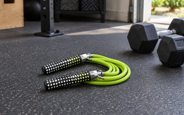 HEREROPE weighted jump rope, laid on a rubber gym floor in a garage gym beside a pair of dumbbells
