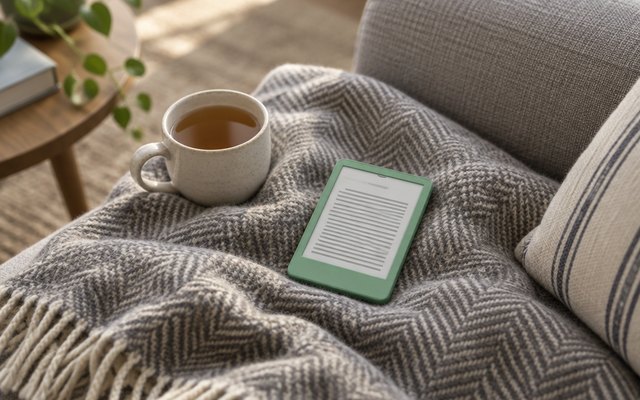 Small green e-reader lying on a wool blanket on a sofa beside a cup of tea