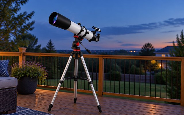 MEEZAA 90mm refractor telescope, set up on a backyard deck at early dusk, the sky turning deep blue