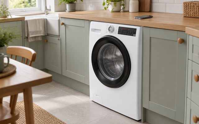 Hoover H-WASH 350 washing machine, in a modern British kitchen, a smartphone on the worktop above it