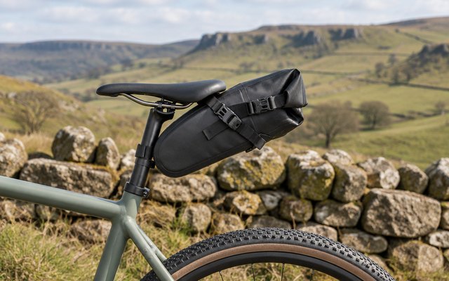 Rhinowalk roll-top saddle bag, strapped under the saddle of a touring bike beside a dry stone wall in the Peak District