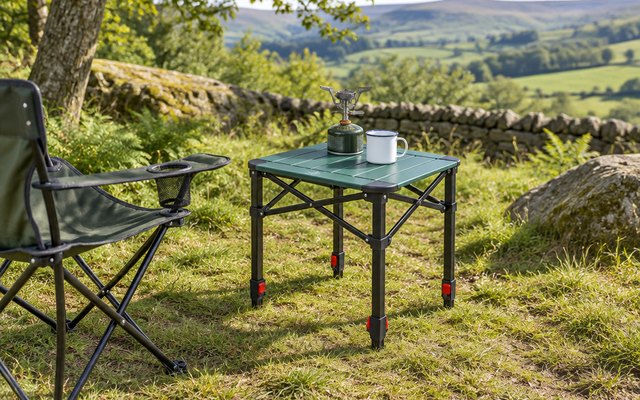 VILLEY folding camping table, in a sunny woodland clearing beside a camping chair with a stove on top