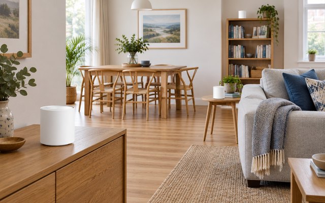Three short white mesh Wi-Fi units placed around an open-plan living room