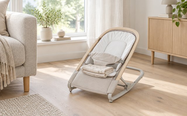 Maxi-Cosi Kori 2-in-1 Baby Seat and Rocker, baby rocker seat on a light wood floor near a window in a Scandinavian-style living room, a muslin blanket folded