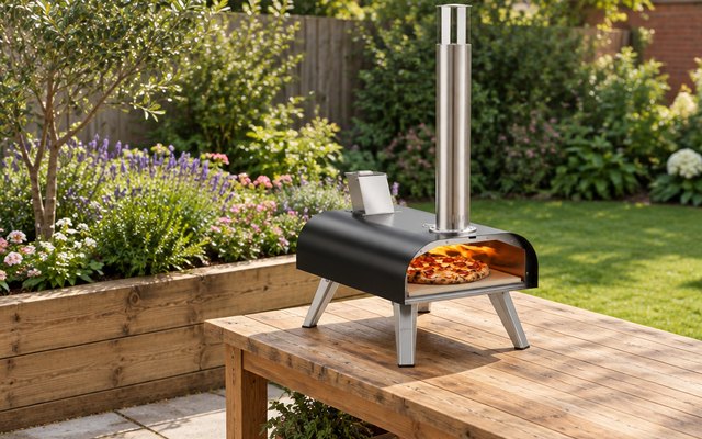 BIG HORN OUTDOORS pellet pizza oven on a wooden outdoor table beside a raised flower bed