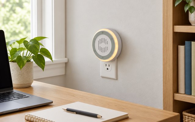 Calm Me plug-in sound machine, plugged into a wall outlet just above a desk in a quiet home office