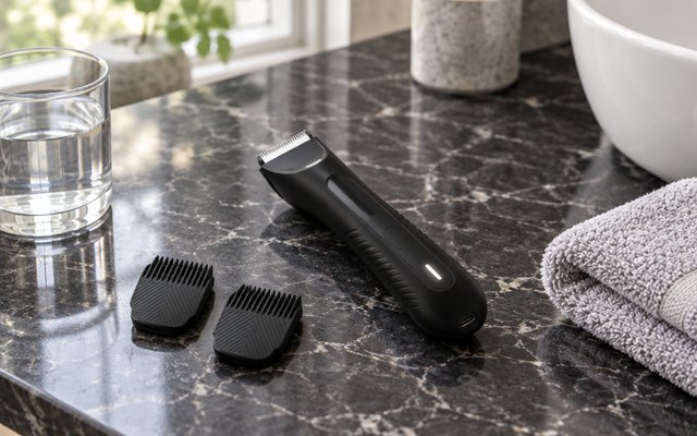 MANSCAPED The Lawn Mower 3.0 Plus, body hair trimmer on a dark marble bathroom counter beside a glass of water and a hand towel
