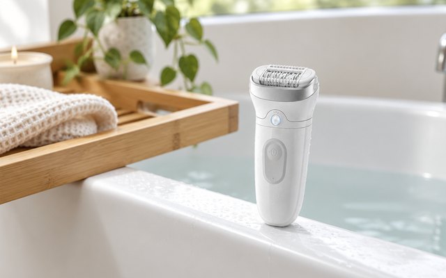 Braun Silk-épil 7 epilator, on the rim of a white bathtub beside a wooden bath tray, a few water droplets on it