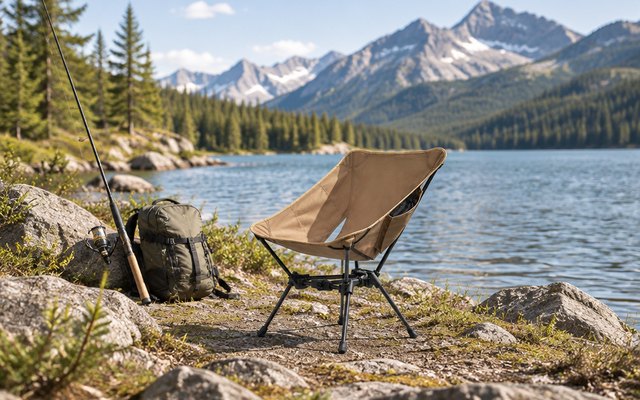 ONETIGRIS Tigerblade backpacking chair, on a rocky lakeshore beside a fishing rod and a small backpack, mountains behind