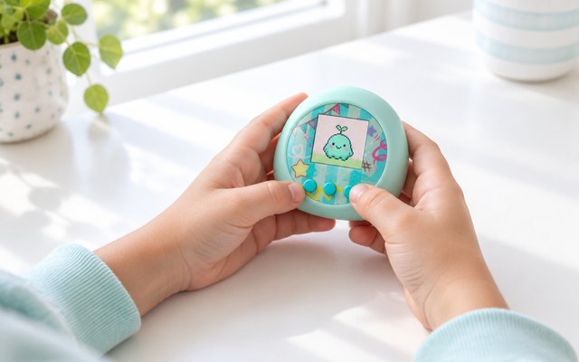 Mint green digital pet pod held in a child's hands at a bright kitchen table
