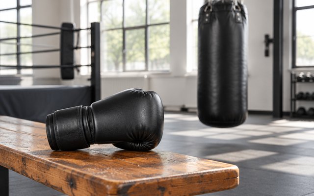 Venum Contender 1.5 boxing gloves, on a wooden bench in a bright boxing gym, a heavy bag behind