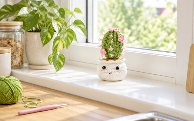 MAGIMUSE crochet kit, lined up on a white windowsill in a bright kitchen, a ball of yarn and a crochet hook beside them