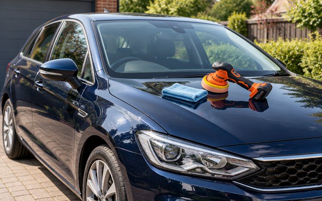 Protmex cordless car polisher, on the bonnet of a hatchback on a driveway