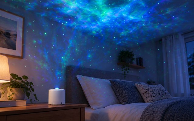 HERHOTER galaxy projector, on a bedside table in a guest bedroom, blue and green star light across the ceiling
