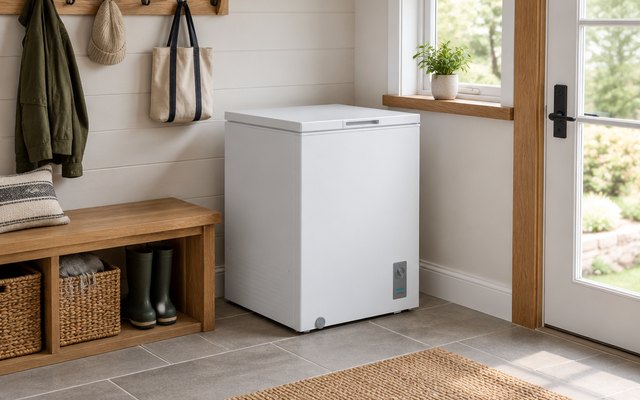 Midea convertible chest freezer, in a mudroom beside a wooden bench and coat hooks