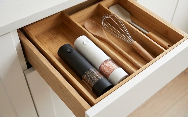 Black and white electric salt and pepper grinders lying in an open kitchen drawer beside a wooden spoon and a whisk