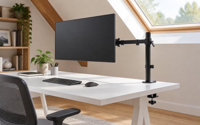 Amazon Basics monitor arm, clamped to a white desk in a loft home office under a skylight, its screen showing a plain dark desktop