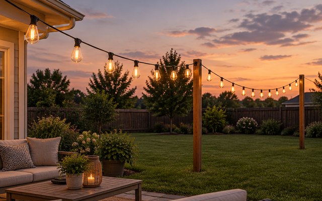 Tenmiro string lights, strung from the eaves of a house to wooden posts across a large backyard lawn at dusk, glowing warmly