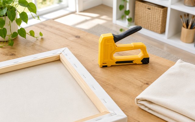 SHALL light-duty staple gun, on a craft table beside a stretched canvas frame and folded fabric in a bright craft room