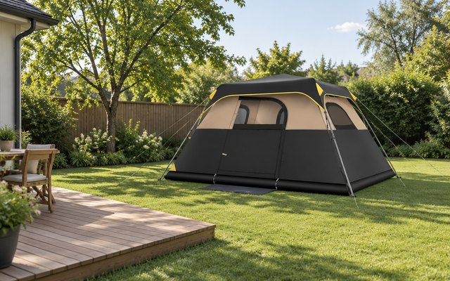FanttikOutdoor Zeta C6 Pro tent, in a backyard on a green lawn beside a wooden deck
