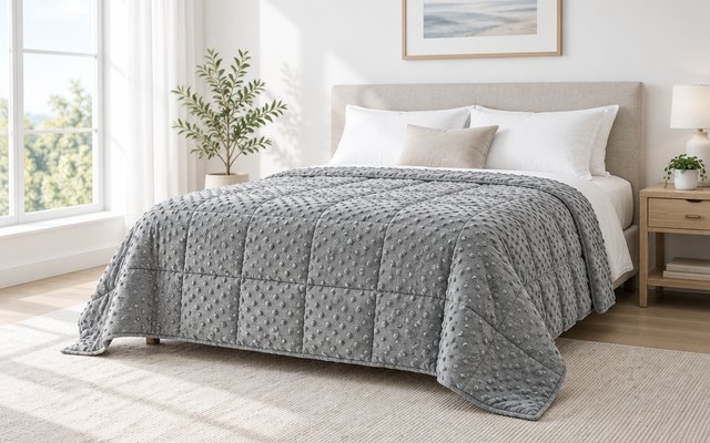 Mr. Sandman cooling weighted blanket, spread over a queen bed in a cool, airy bedroom with white walls and a tall window