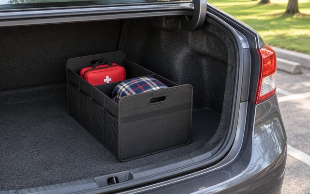 K KNODEL foldable trunk organizer, in the trunk of a compact sedan at a park parking lot